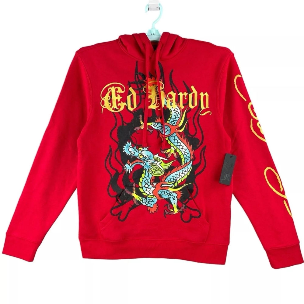 Ed Hardy Men's Dragon Tattoo Red Fleece Pullover Hoodie Sweatshirt Size L